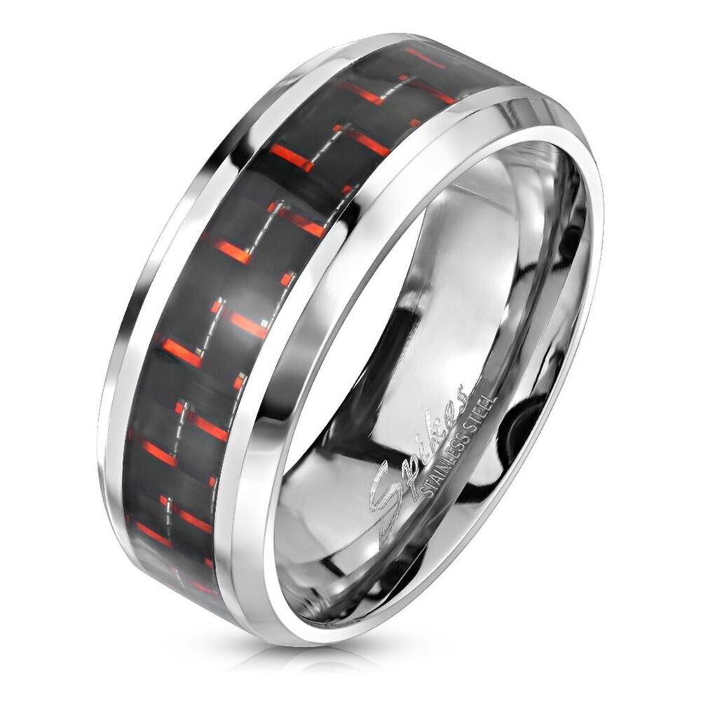 Black and Red Carbon Fiber Center Band Ring Stainless Steel 6mm width size 6
